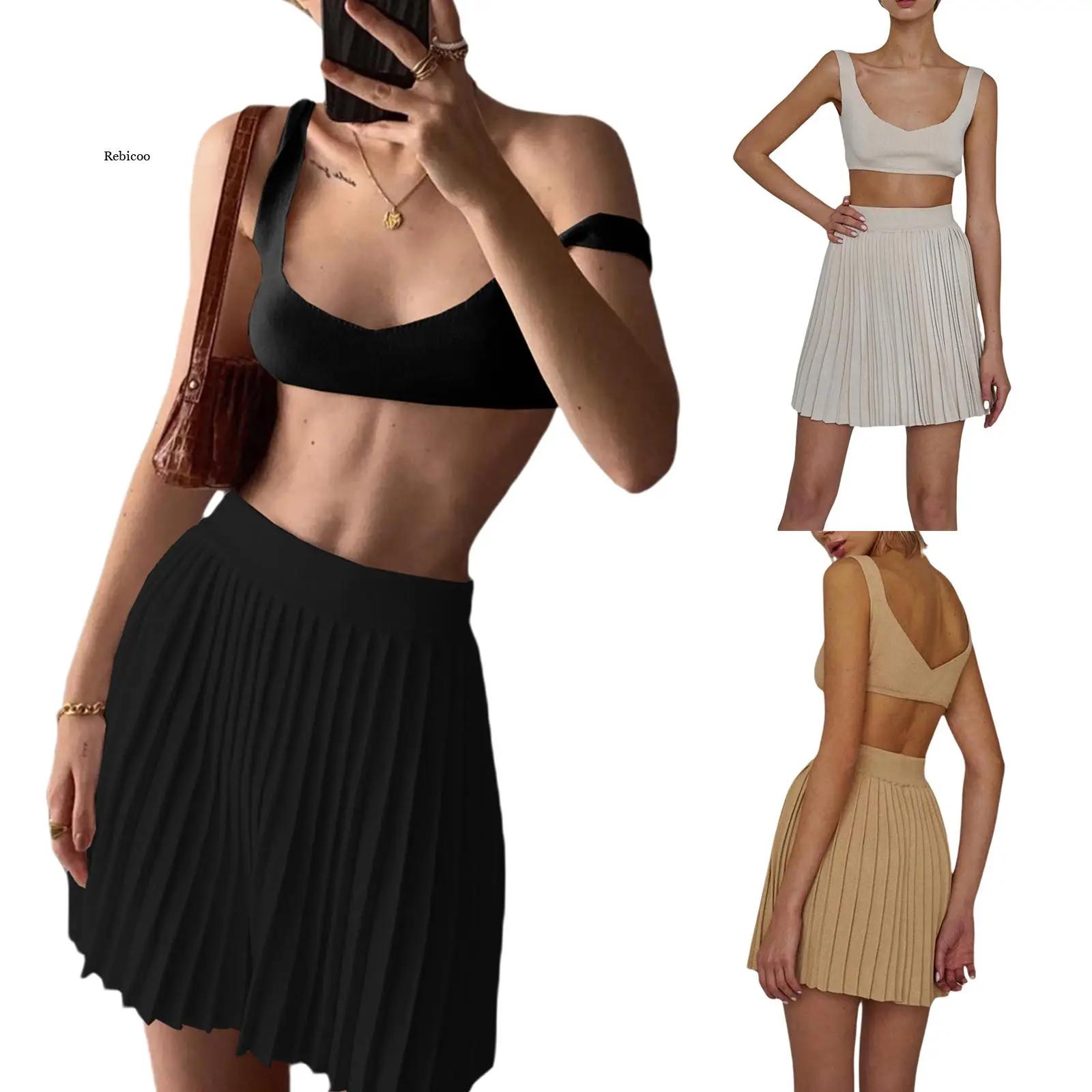 Women Fashion 2-piece Outfit Set Sleeveless Tops   Pleated Skirt Set for Ladies, Female